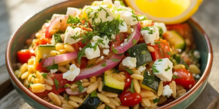 Close-up of Mediterranean orzo pasta with zucchini, peppers, tomatoes, herbs, and feta” Serving Style: