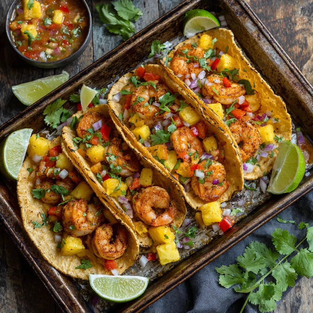 Finished Sheet Pan Pineapple Shrimp Tacos garnished with cilantro and lime