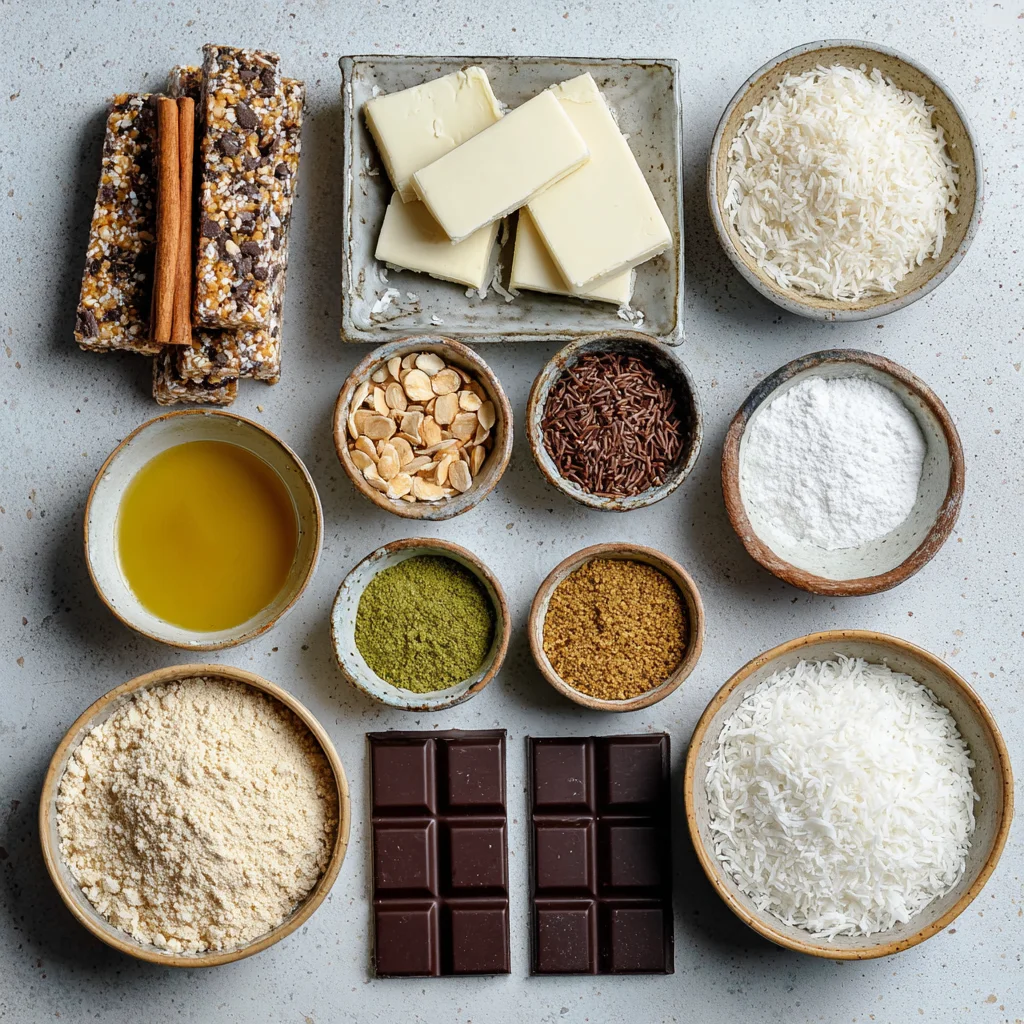 Ingredients for no-bake low-carb coconut bars with chocolate on a bright countertop.