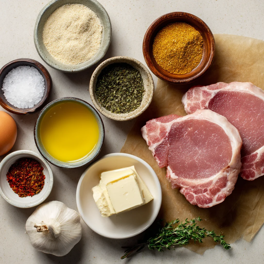 Ingredients for creamy dijon boneless pork chops recipe on a wooden surface.