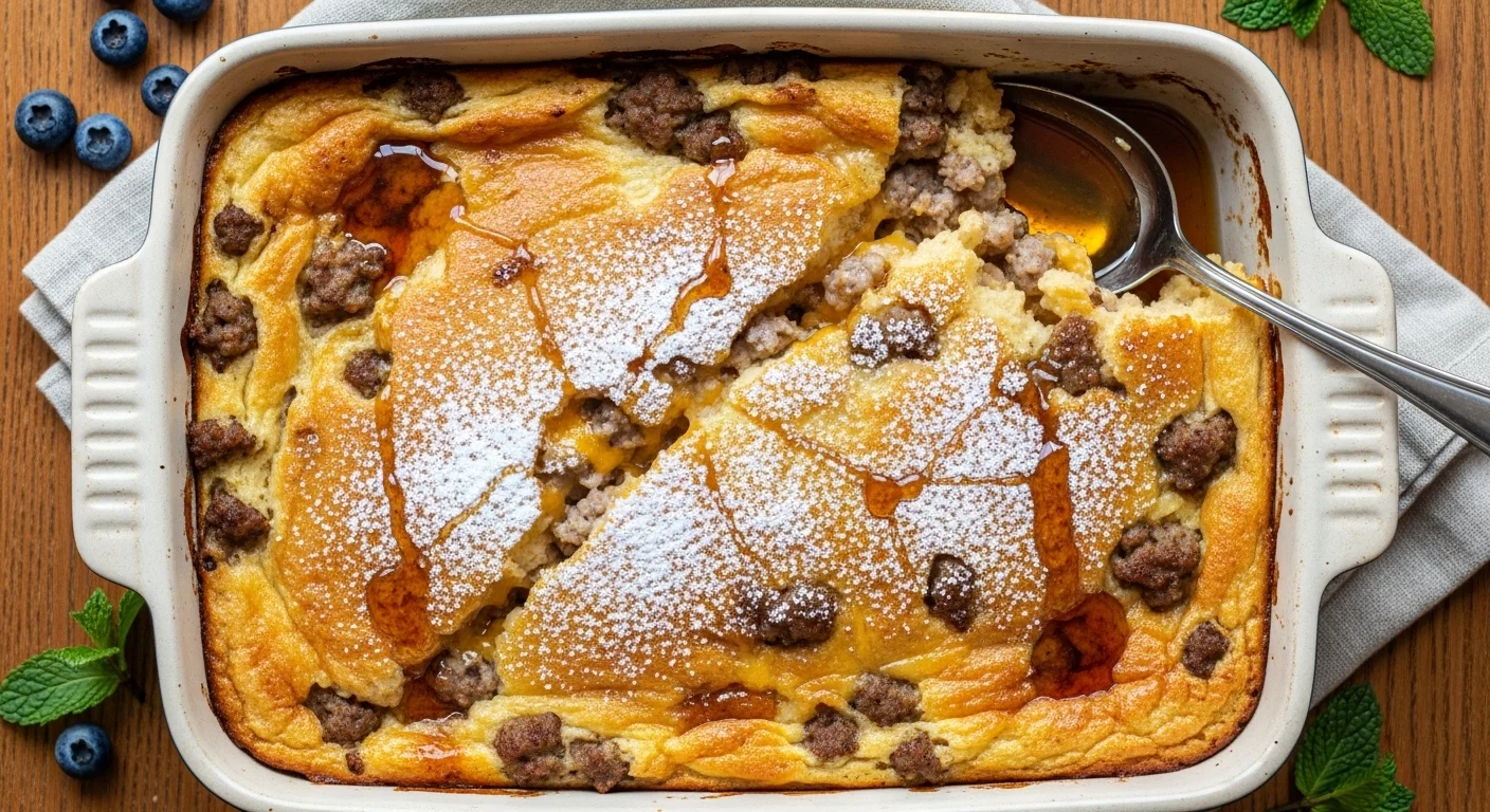 Pancake sausage casserole served with syrup and berries.