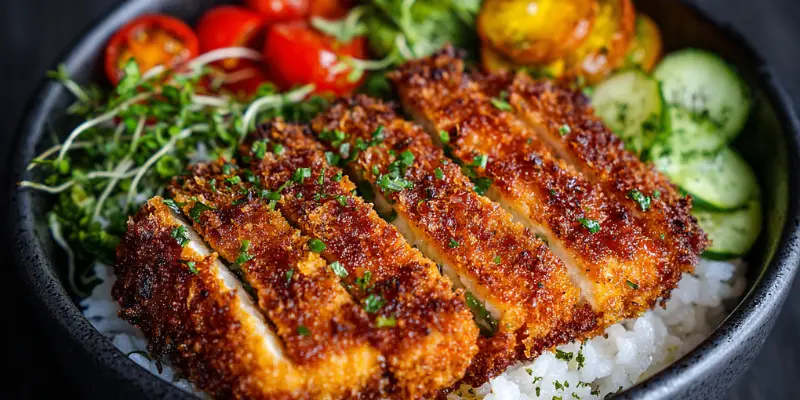 Japanese chicken katsu bowl with rice and sauce