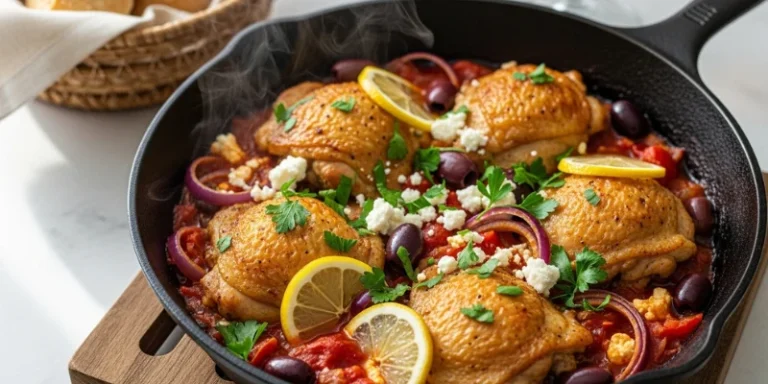“Golden chicken breasts cooking in Mediterranean skillet with tomatoes, olives, peppers, and garlic simmering in sauce”