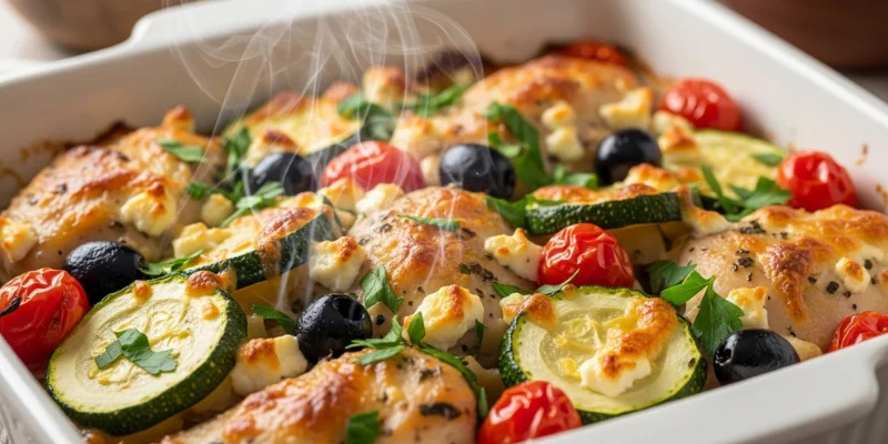 Golden Mediterranean chicken zucchini bake in white casserole dish with feta and parsley