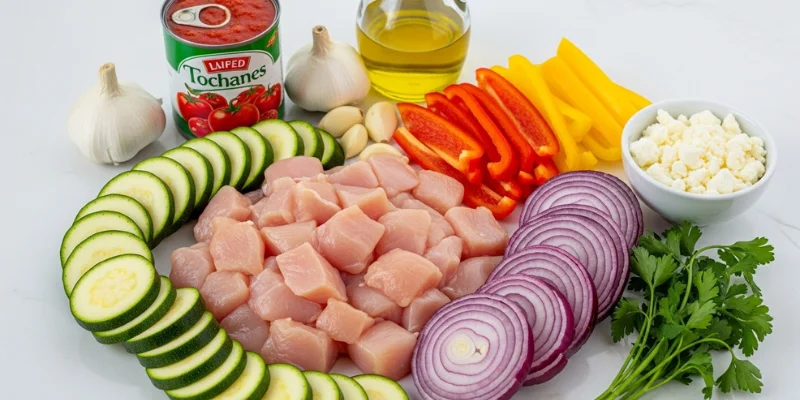 “Mediterranean chicken zucchini bake ingredients arranged on kitchen counter with chicken, zucchini, onion, and feta”