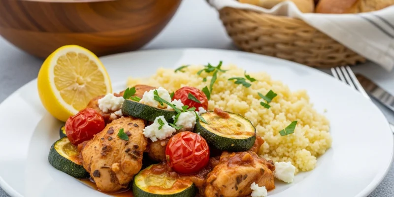 Mediterranean chicken zucchini bake served with couscous, lemon, and salad on dining table