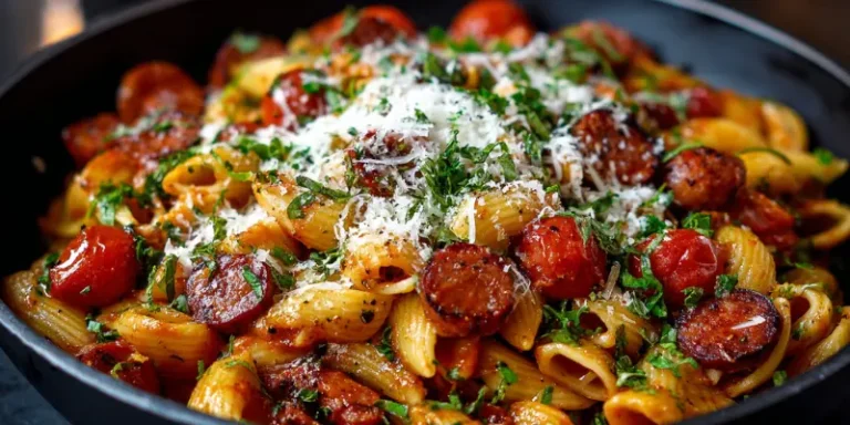 Creamy smoked sausage pasta in skillet