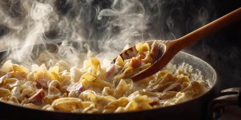 Pasta simmering with sausage and cheese in pot.
