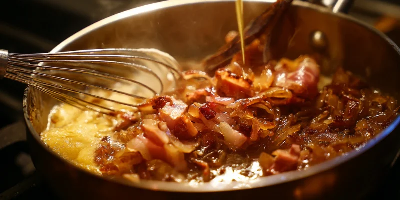 Close-up of rich, velvety Savory Caramelized Shallot Bacon Gravy in a white gravy boat.