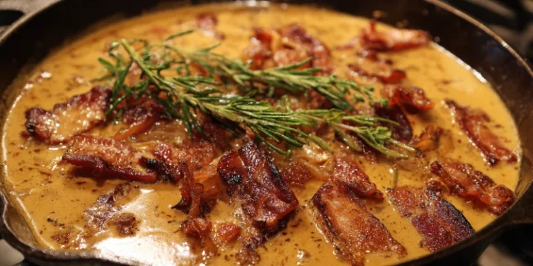 Close-up of rich, velvety Savory Caramelized Shallot Bacon Gravy in a white gravy boat.