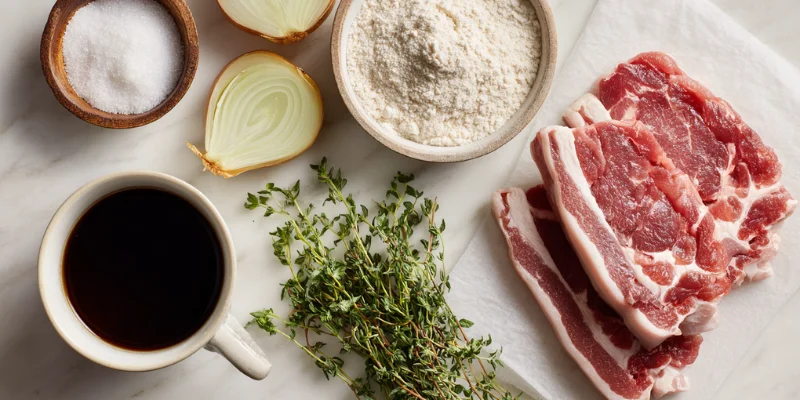 Caramelized shallots and crispy bacon with fresh thyme for savory gravy recipe.