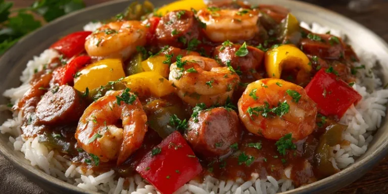 Close-up of shrimp and sausage gumbo over rice