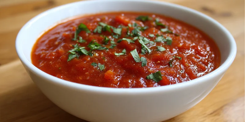 Homemade tomato sauce being tossed with spaghetti in a large serving bowl.