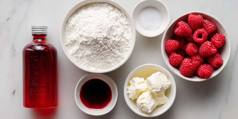 Ingredients for red velvet cupcakes and cream cheese frosting with raspberry sauce.
