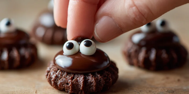 Close-up of baked chocolate chip cookies topped with melted chocolate spiders and candy eyes.