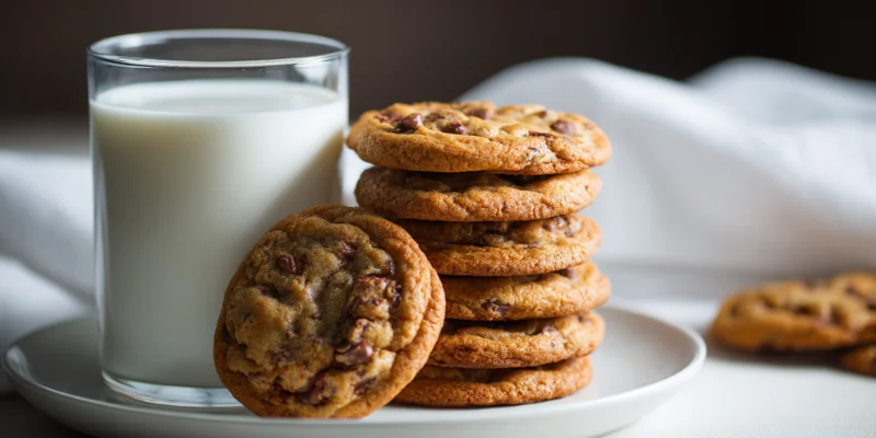 Finished Spider Chocolate Chip Cookies stacked on a platter next to a glass of milk.

