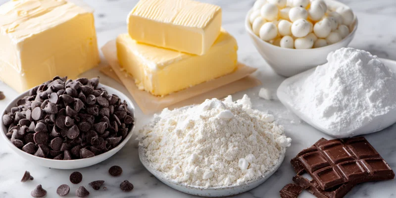 Raw ingredients for Spider Chocolate Chip Cookies, including butter, flour, and candy eyeballs.