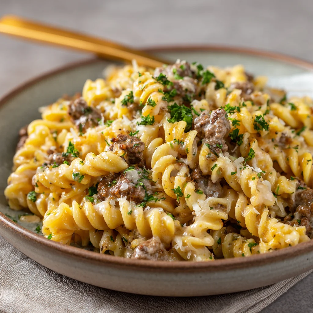 Creamy Beef and Rotini in Garlic Parmesan Sauce: Comfort in Every Bite
