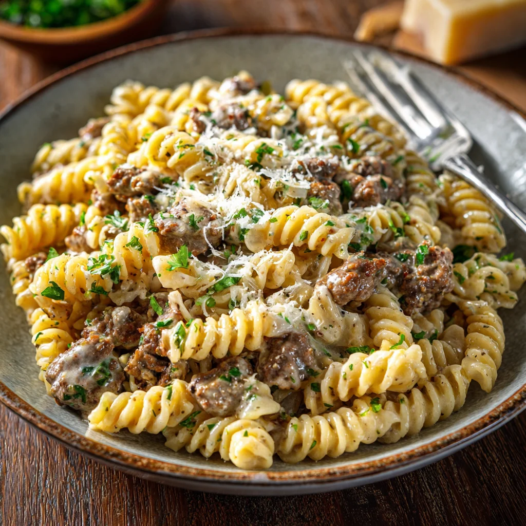 Creamy beef and rotini pasta with garlic parmesan sauce.