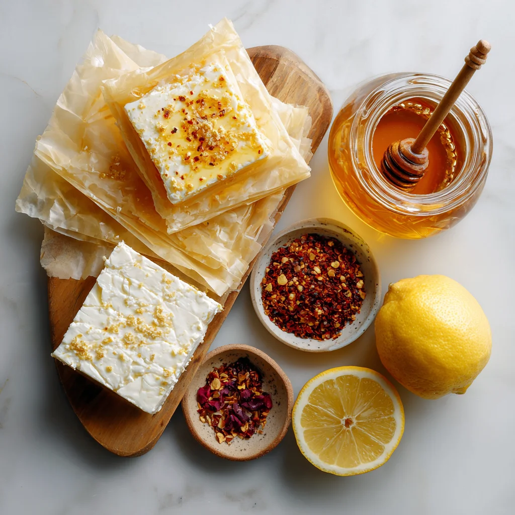 Flat lay of feta, phyllo sheets, honey jar, chili flakes, butter, and lemon