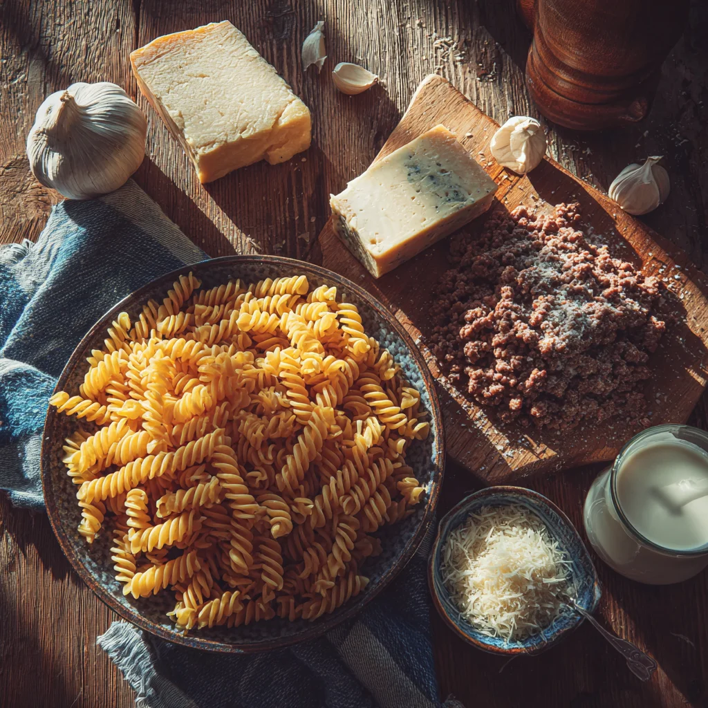 Ingredients for creamy beef and rotini pasta recipe.