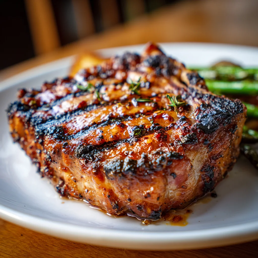 Plated grilled pork chops with corn salad and lemon