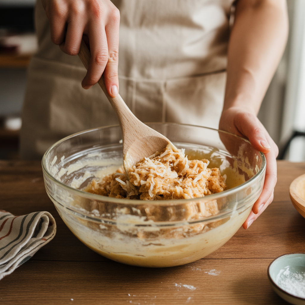 Cookie dough with shredded coconut being mixed in a glass bowl, wooden spoon, home baking setting, warm tones, natural light.