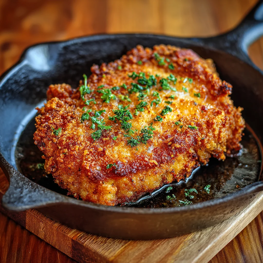 crispy fried pork chops. in pan