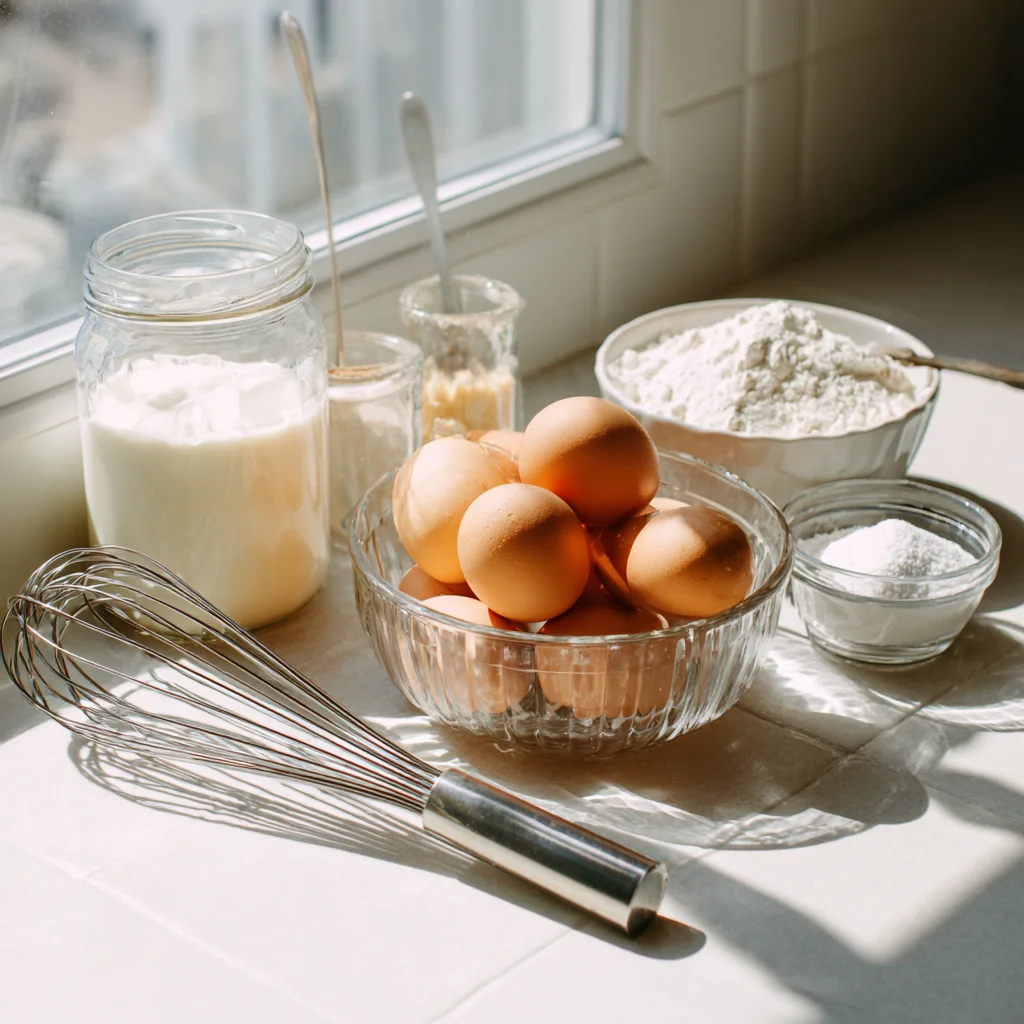 Ingredients for making fluffy Japanese soufflé pancakes arranged on a counter.