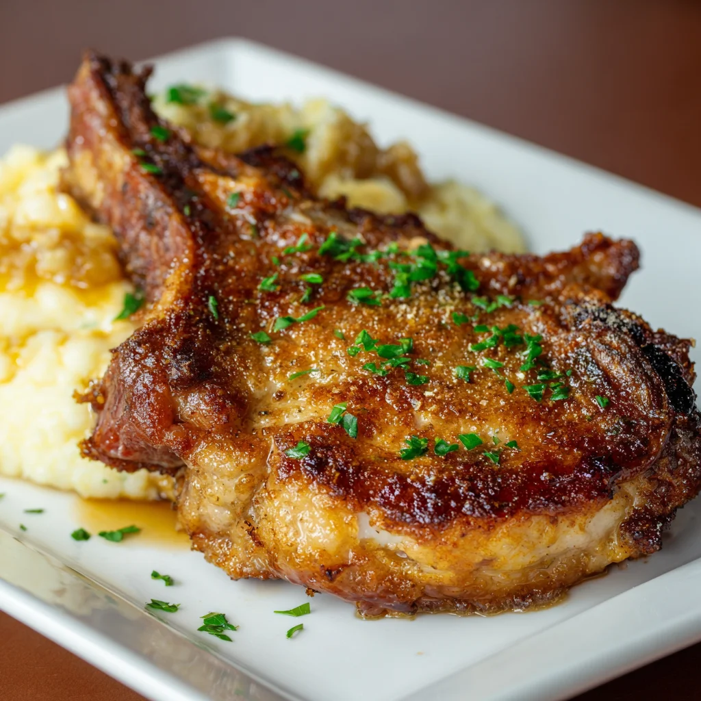 Crispy fried pork chops served with mashed potatoes.