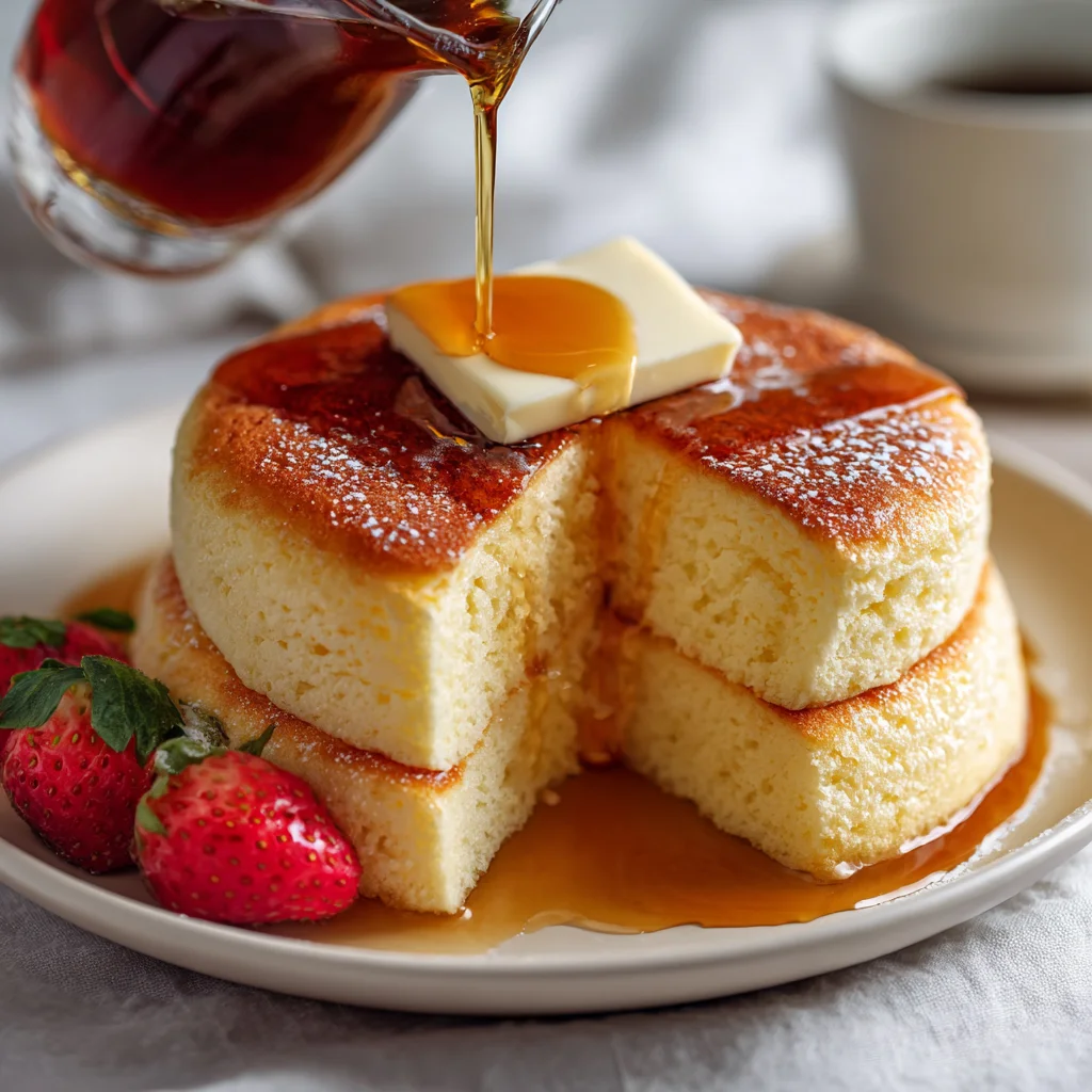 Stack of fluffy Japanese soufflé pancakes topped with berries and whipped cream.