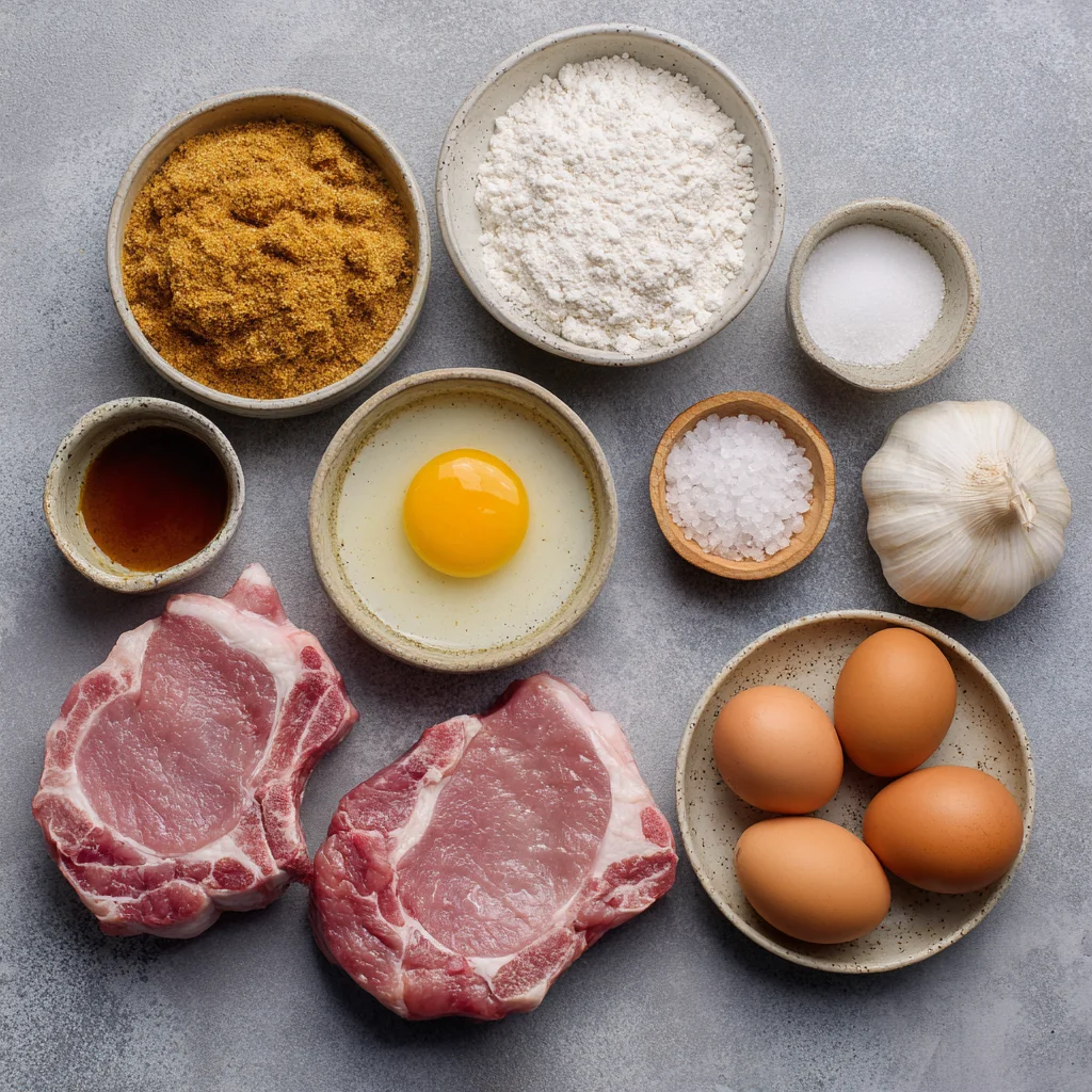 Ingredients for crispy fried pork chops.