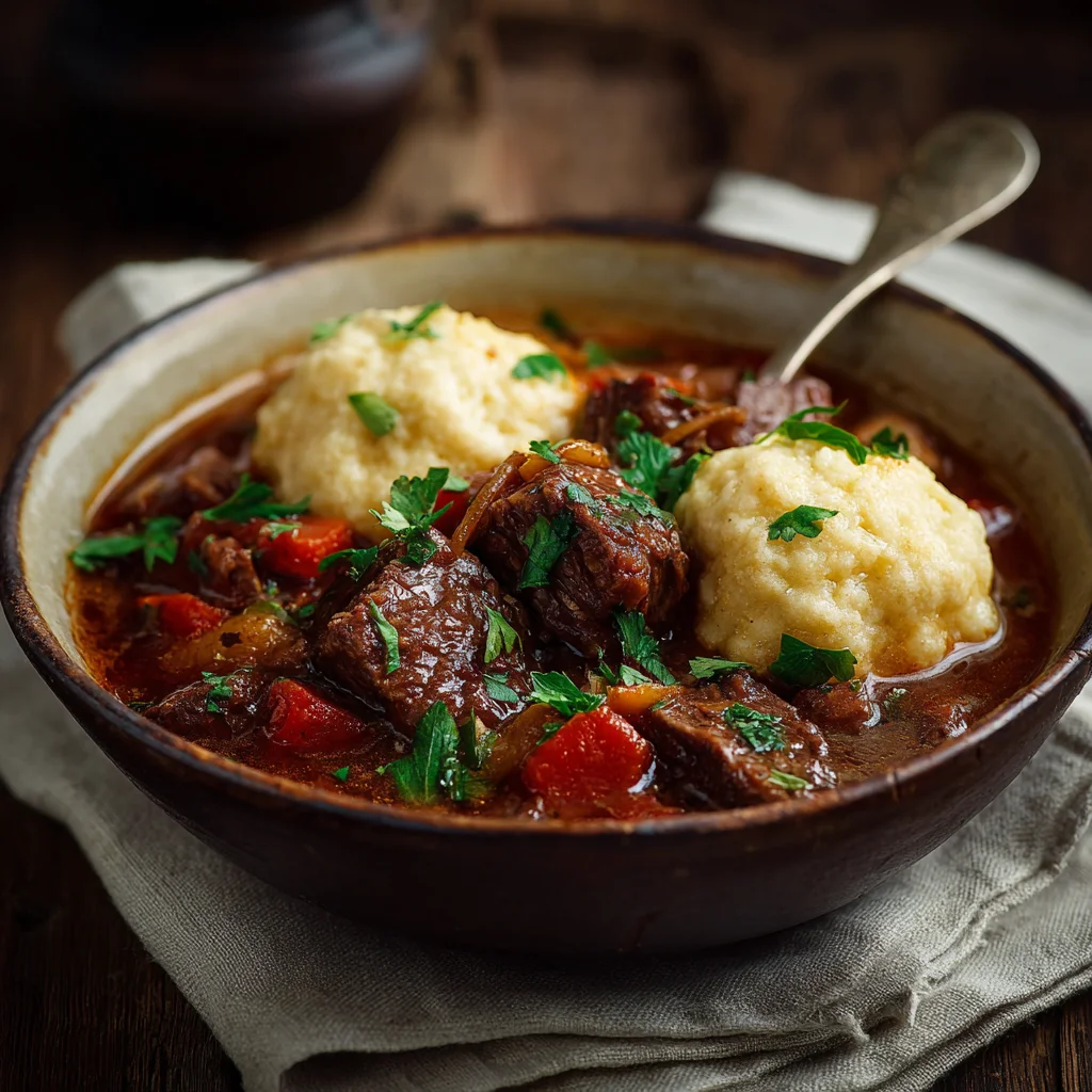 “Bowl of beef stew with fluffy dumplings, garnished with parsley.”