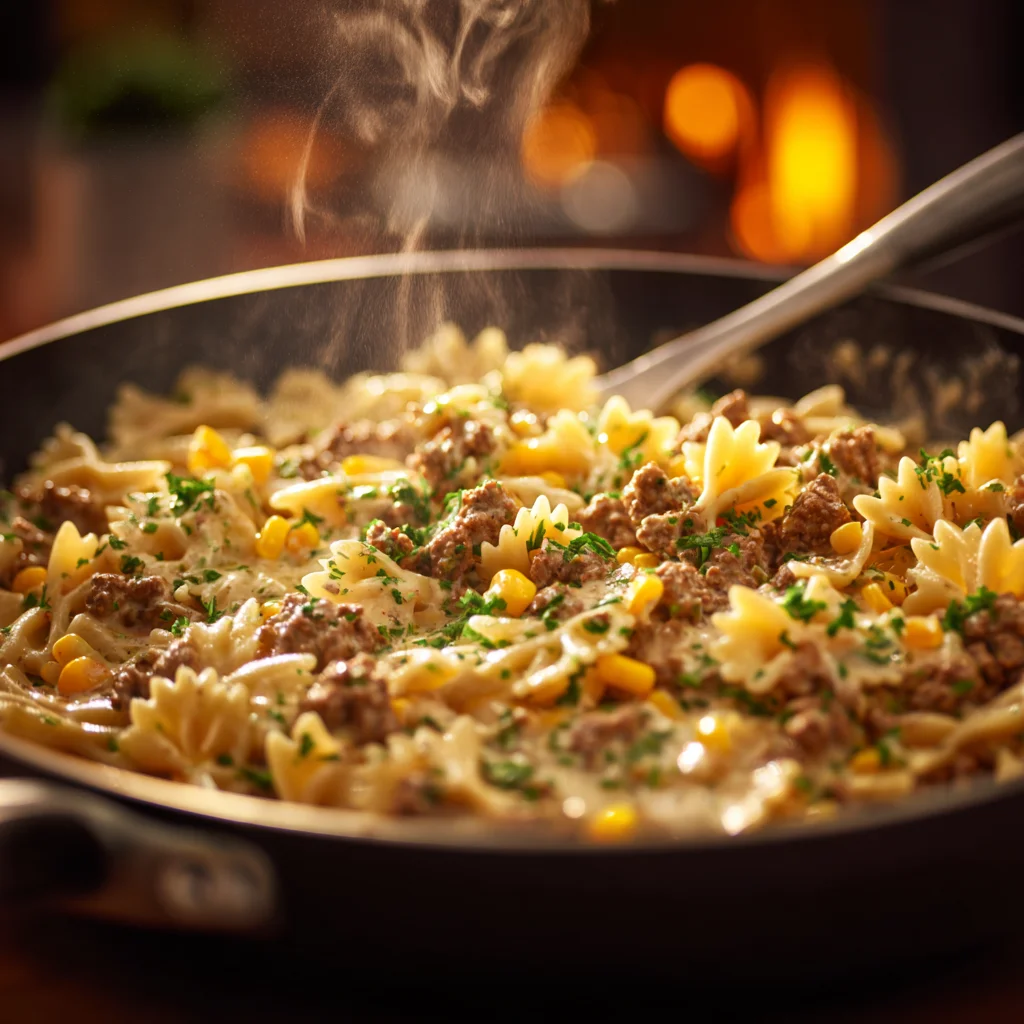 Ingredients for creamy ranch beef bowtie skillet with sweet corn arranged on a rustic wooden table.