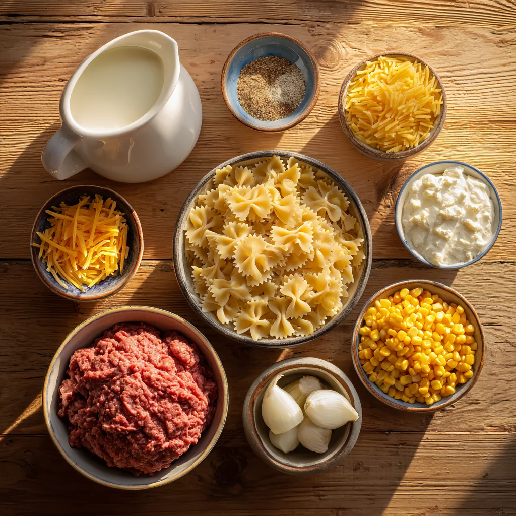 Ingredients for creamy ranch beef bowtie skillet with sweet corn arranged on a rustic wooden table.