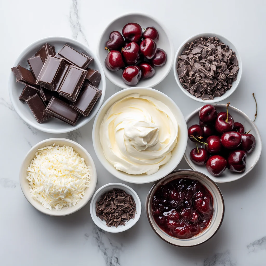 Ingredients for Black Forest Christmas Trifle arranged on a marble countertop.