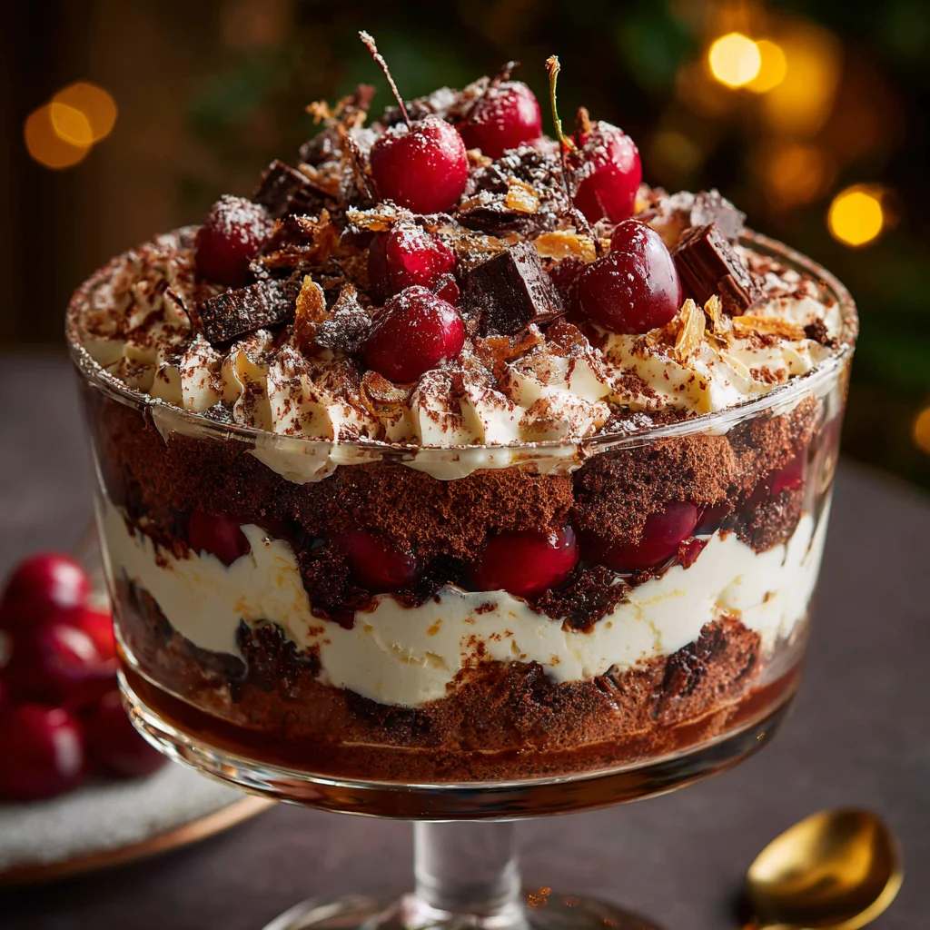 Black Forest Christmas Trifle topped with whipped cream, chocolate shavings and cherries.