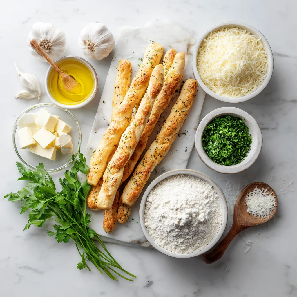 Ingredients for cheesy garlic breadsticks arranged on a bright marble countertop.