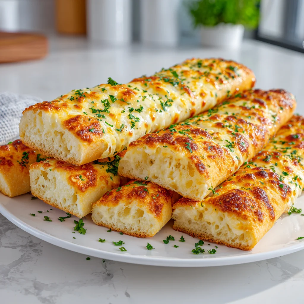 Freshly baked cheesy garlic breadsticks with melted cheese and parsley.