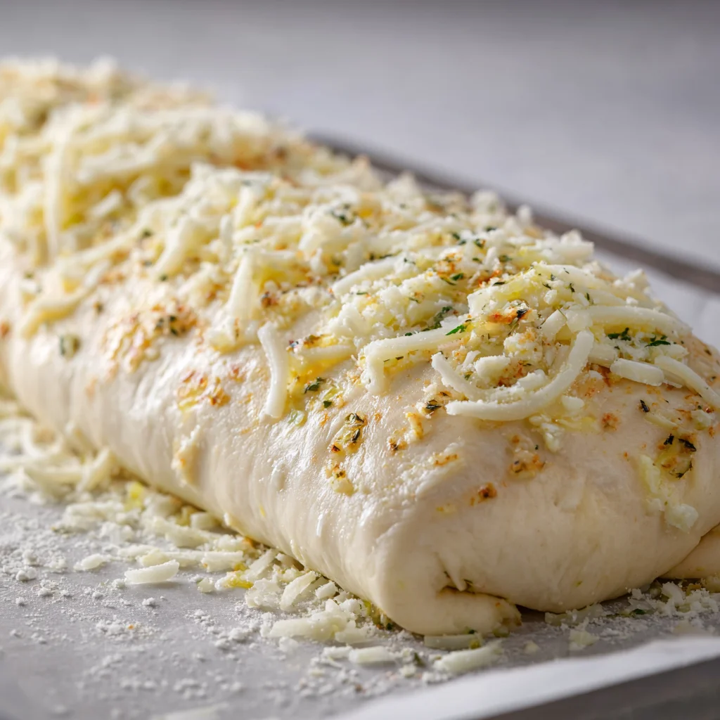 Rolled dough brushed with garlic butter and topped with cheese before baking.