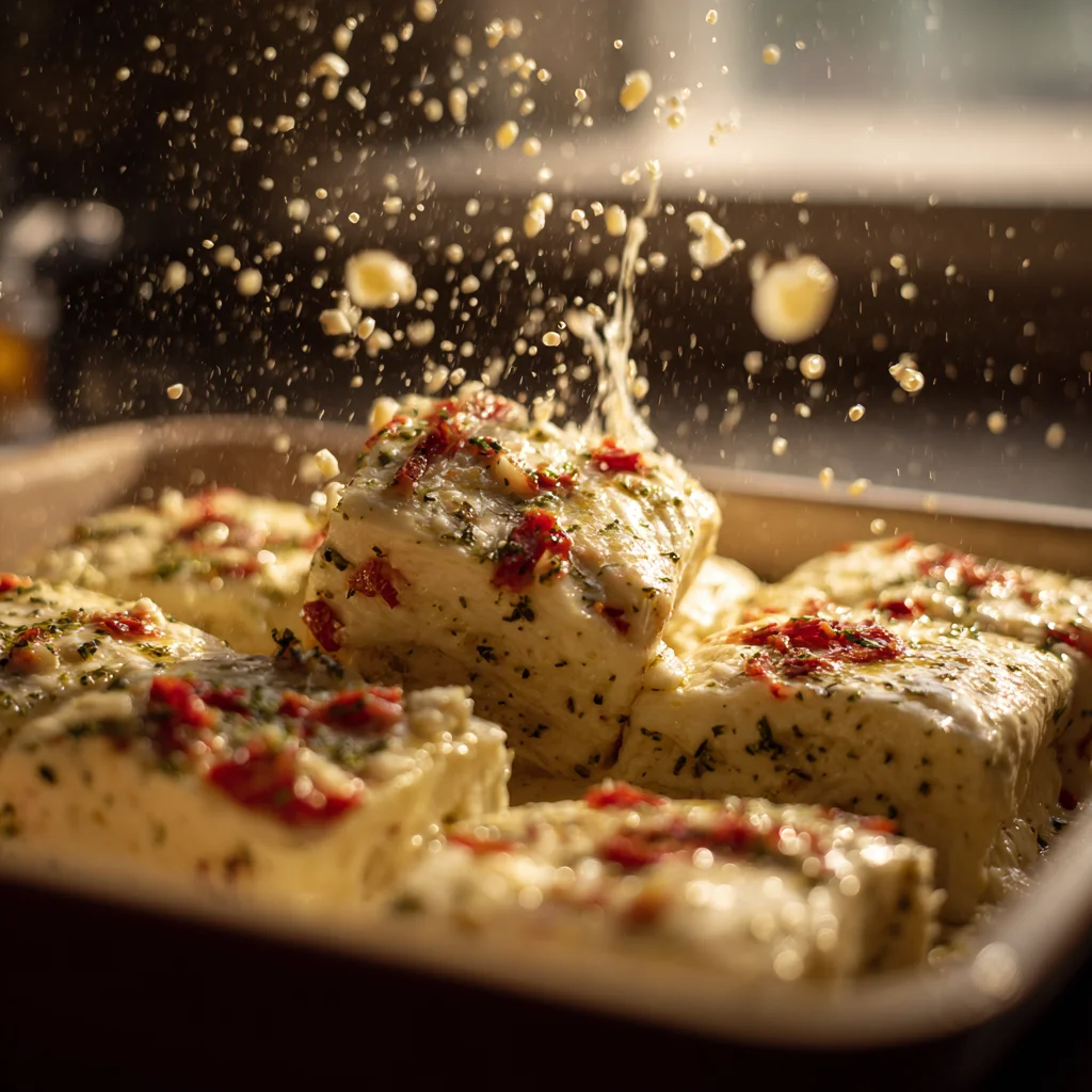 “Pizza dough pieces coated in garlic butter, cheese, and pepperoni being placed into a loaf pan.”