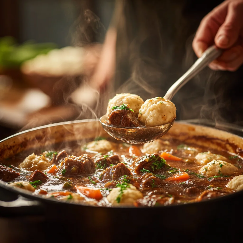 “Dumpling dough being added to a pot of simmering beef stew during cooking.”