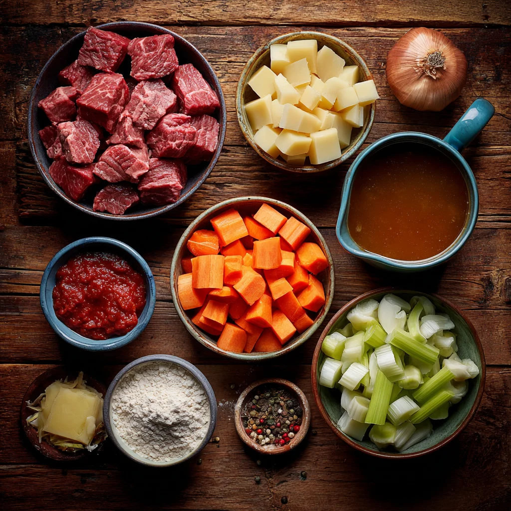 “Ingredients for beef stew and dumplings arranged on a wooden table.”