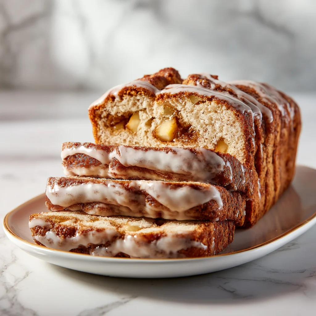 Sliced Amish Apple Fritter Bread with cinnamon glaze on a plate.
