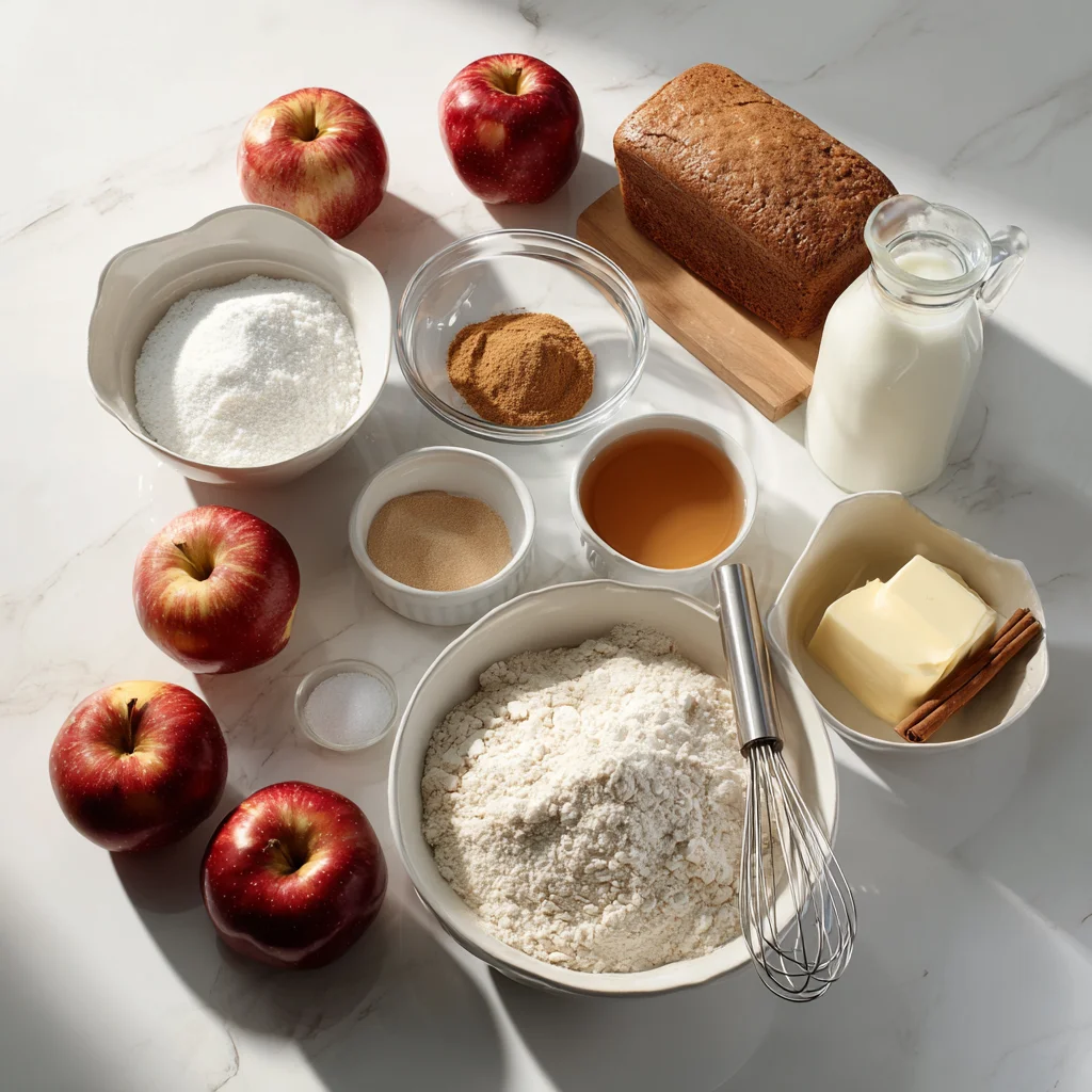 Ingredients for Amish Apple Fritter Bread arranged on a marble countertop.