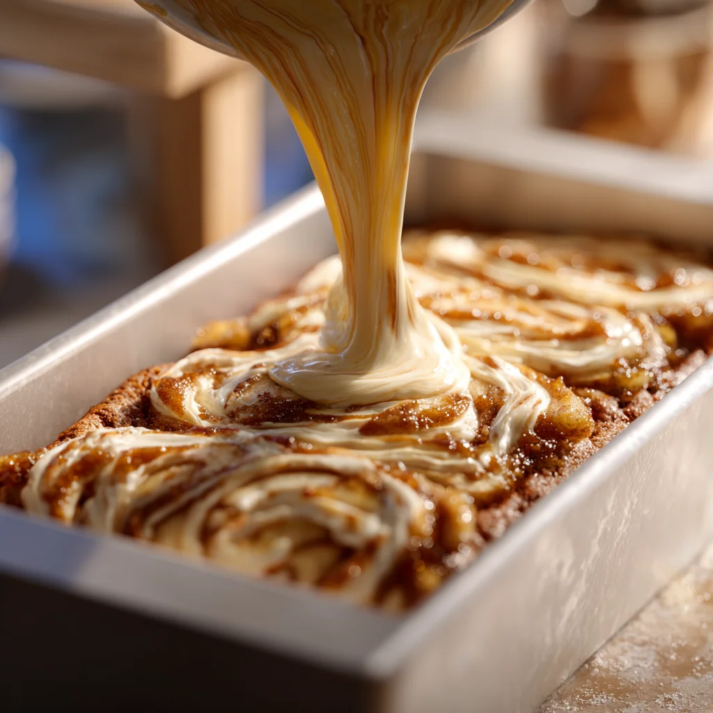Layering batter, cinnamon swirl and apples inside a loaf pan.