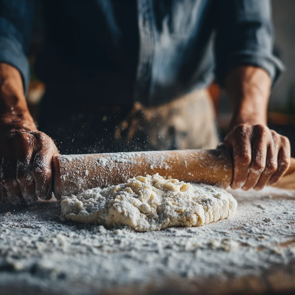 Dough being rolled and cut into homemade egg noodles on a floured surface.