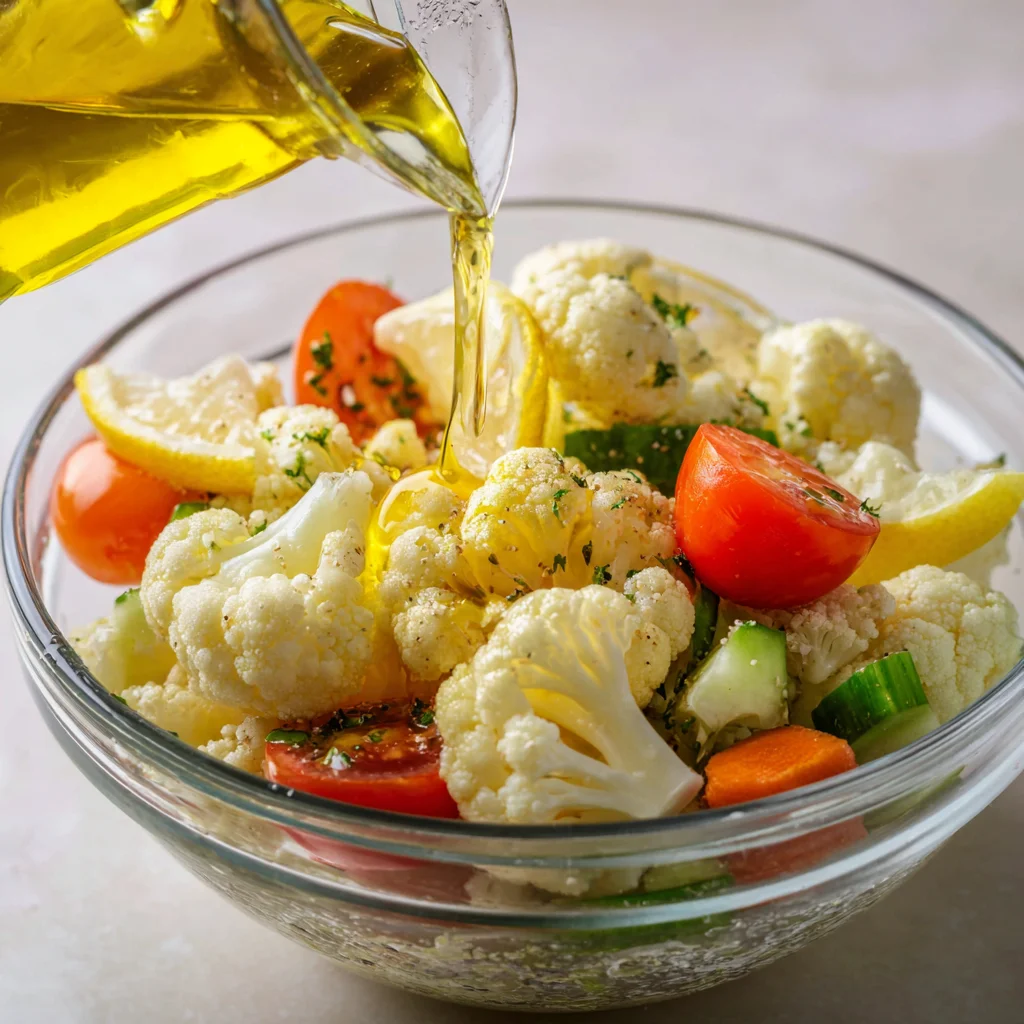 Mediterranean marinated cauliflower salad served in a white bowl.
