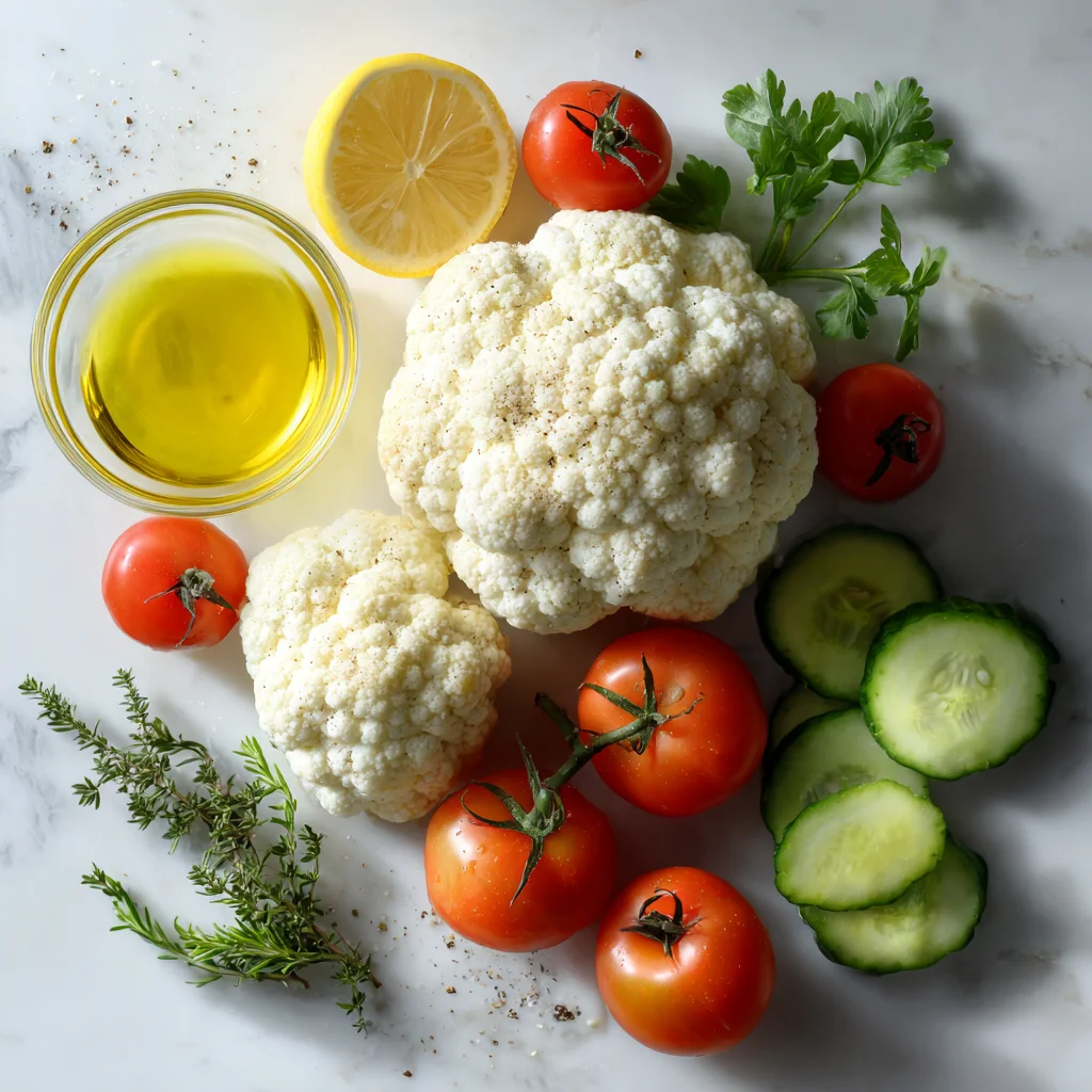 Ingredients for Mediterranean marinated cauliflower salad arranged on a white marble surface.