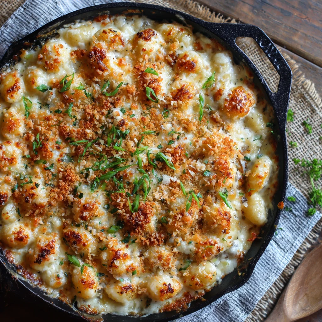 Creamy skillet gnocchi mac and cheese garnished with parsley.